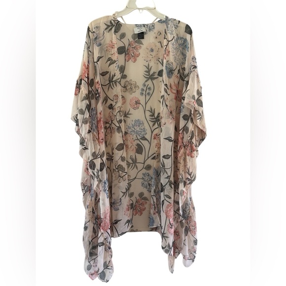 David & Young Light Pink Floral Ruffle Sleeve Kimono OSFM - Picture 2 of 5